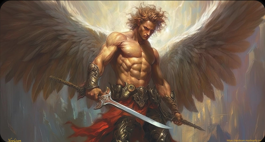 a painting of a man with wings holding a sword