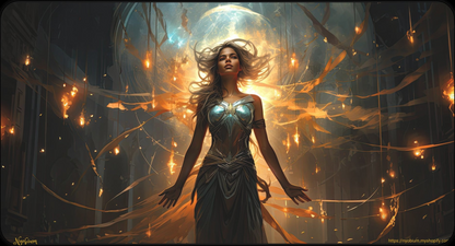 a woman in a blue dress standing in a dark forest