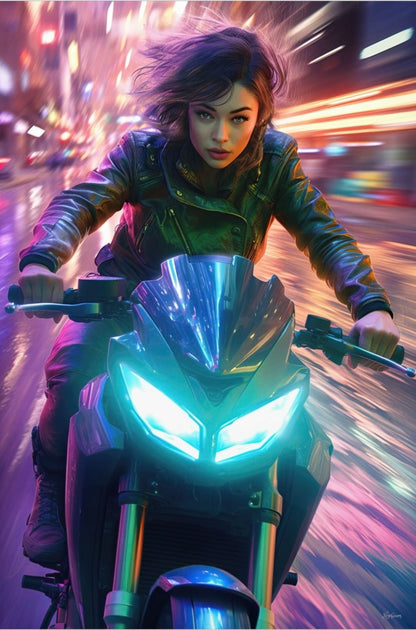 Biker Girls in New Tokyo 1 - Cyberpunk Scifi Poster - Portrait - 12x18, 20x30, 24x36 - Museum Grade Matte Paper - by Nyobium