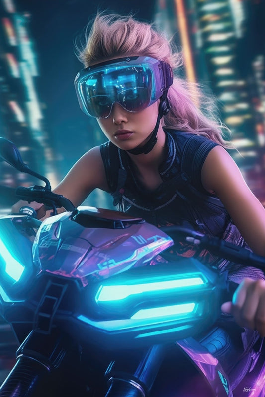 Biker Girls in New Tokyo 2 - Cyberpunk Scifi Poster - Portrait - 12x18, 20x30, 24x36 - Museum Grade Matte Paper - by Nyobium