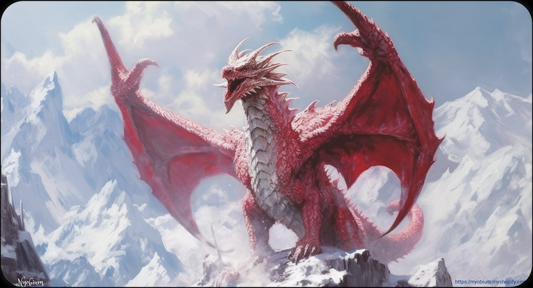 a red dragon sitting on top of a mountain