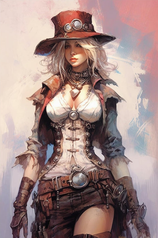 Steampunk Gunslinger Woman 18 -  Steampunk Poster - Portrait - 12x18, 20x30, 24x36 - Museum Grade Matte Paper - by Nyobium