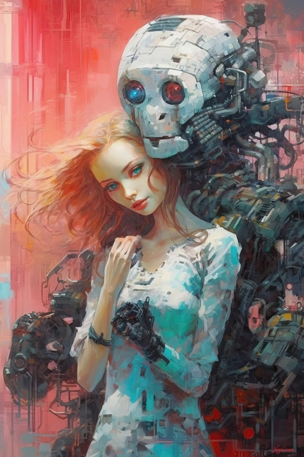 Robot and Girl 1 -  Robot and Girls Sci-fi Series Poster - Portrait - 12x18, 20x30, 24x36 - Museum Grade Matte Paper - by Nyobium