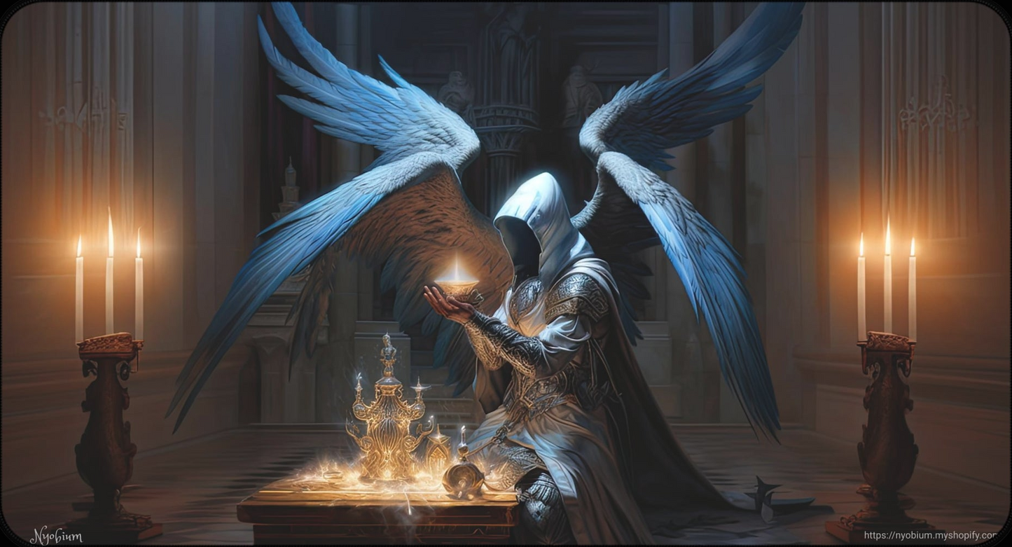 a painting of an angel kneeling over a fire