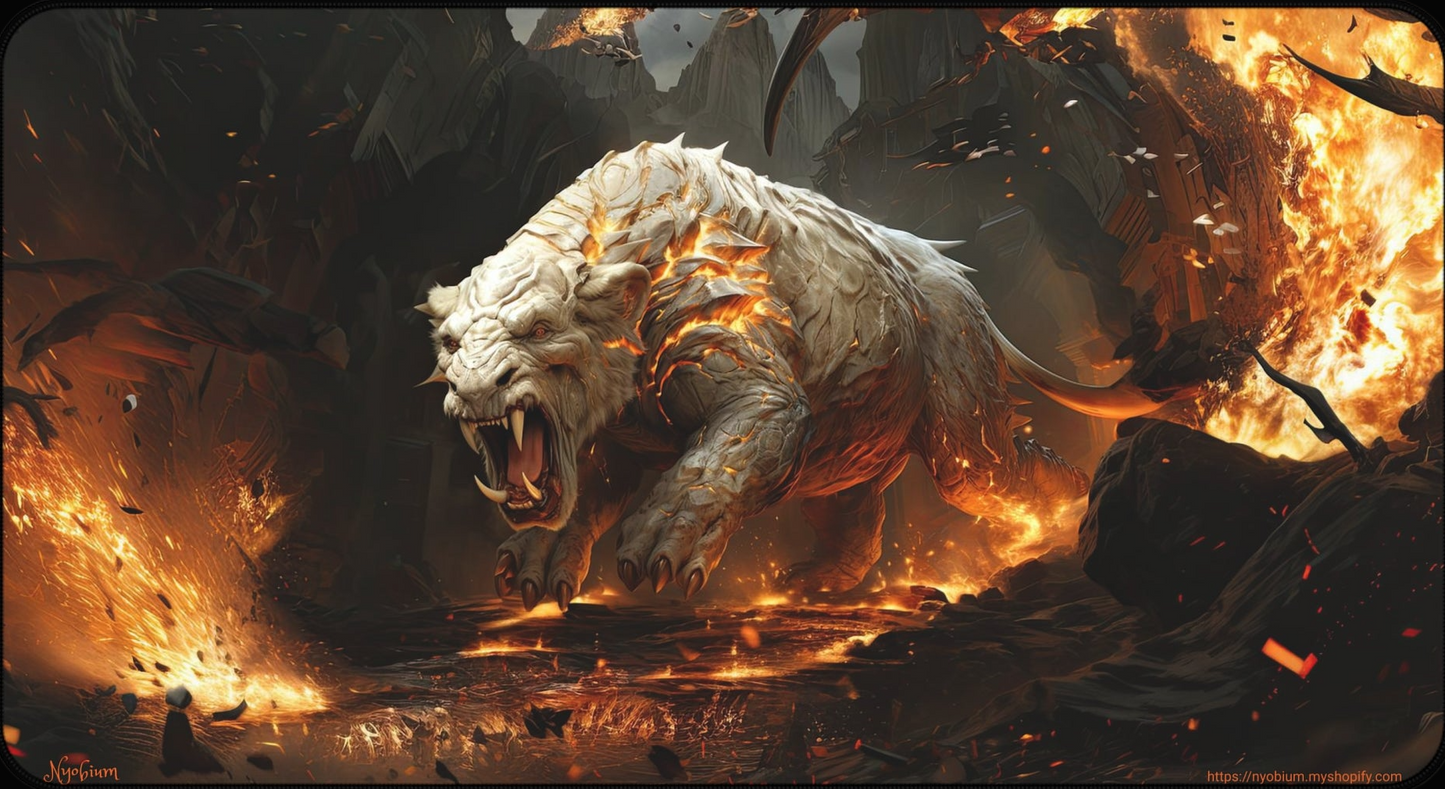 a white wolf is running through a fire filled forest