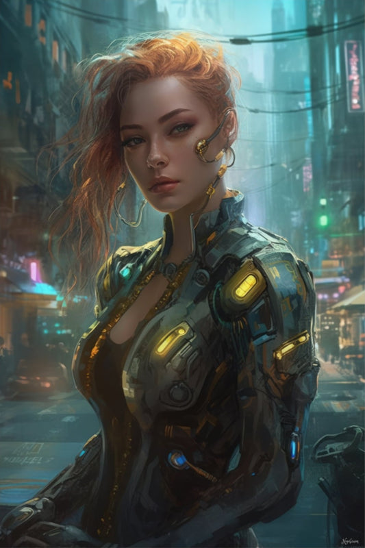 Cyborg Blonde Girl in New Tokyo 13- Cyberpunk Scifi Poster -  Portrait - 12x18, 20x30, 24x36 - Museum Grade Matte Paper - by Nyobium