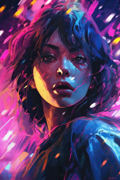 Neon Girl 10 -  Cyberpunk Neon Series Poster - Portrait - 12x18, 20x30, 24x36 - Museum Grade Matte Paper - by Nyobium