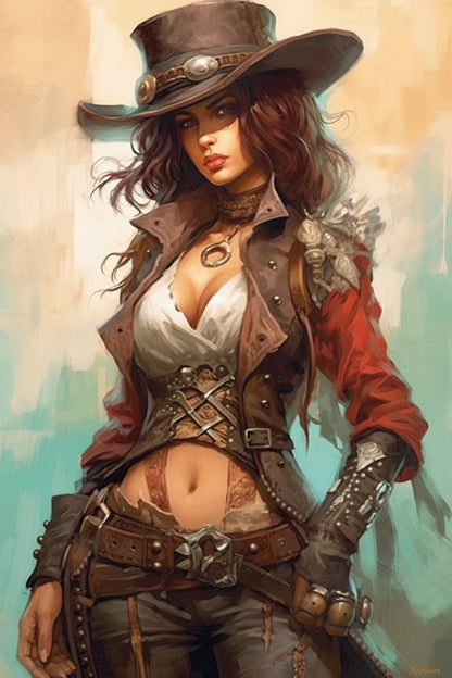 Steampunk Gunslinger Woman 16 -  Steampunk Poster - Portrait - 12x18, 20x30, 24x36 - Museum Grade Matte Paper - by Nyobium