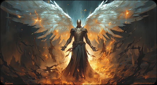 a painting of an angel standing in the midst of flames