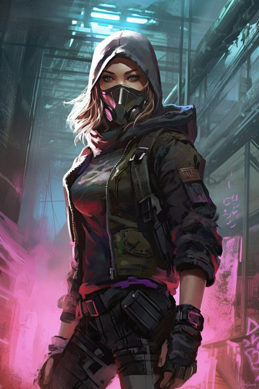 Mask Commando Girl 1 -  Cyberpunk Dystopic Series Poster - Portrait - 12x18, 20x30, 24x36 - Museum Grade Matte Paper - by Nyobium