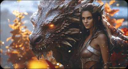 a woman standing next to a dragon in a forest